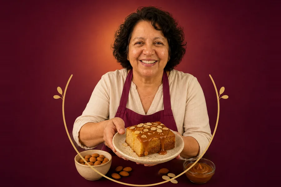 Doña Lupita con un plato de crema de almendras al horno, almendras y dulce de leche
