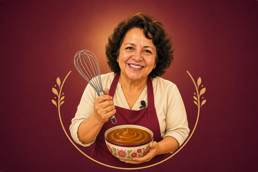 Doña Lupita con un batidor de globo y un cuenco de dulce de leche vegetal