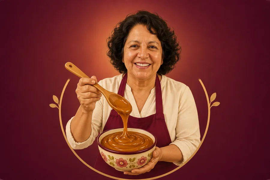 Doña Lupita dejando caer dulce de leche vegetal de una cuchara de madera sobre un cuenco
