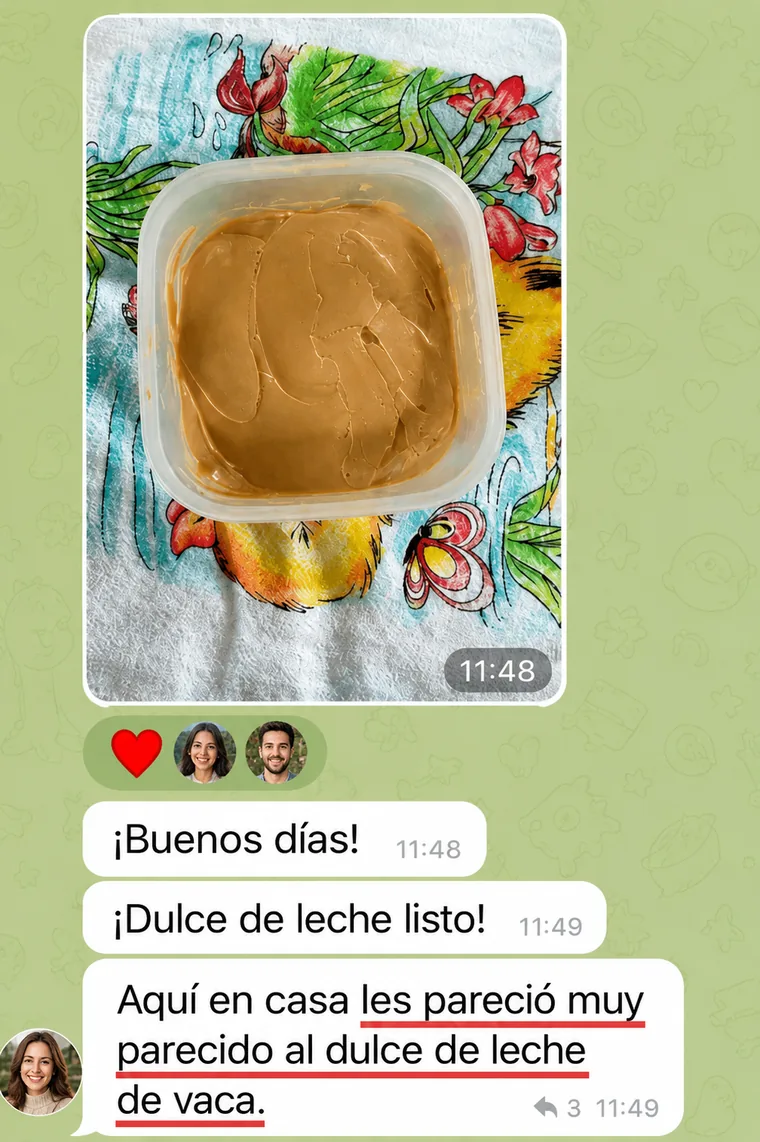 Captura del mensaje de una alumna con la foto de su dulce de leche vegano ya envasado; cuenta que en su casa les pareció muy parecido al dulce de leche de vaca.