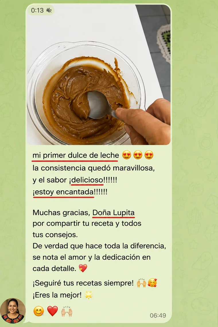 Captura del mensaje de una alumna que enseña su dulce de leche vegano y cuenta que la consistencia quedó maravillosa y el sabor delicioso, y le agradece a Doña Lupita la receta y los consejos.
